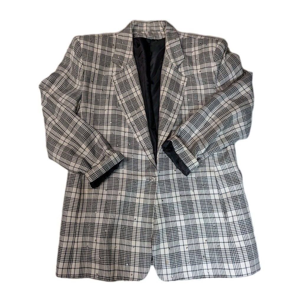 Vintage 80s Oversized Rhinestone Plaid Blazer Jacket Made in USA Boyfriend Fit M